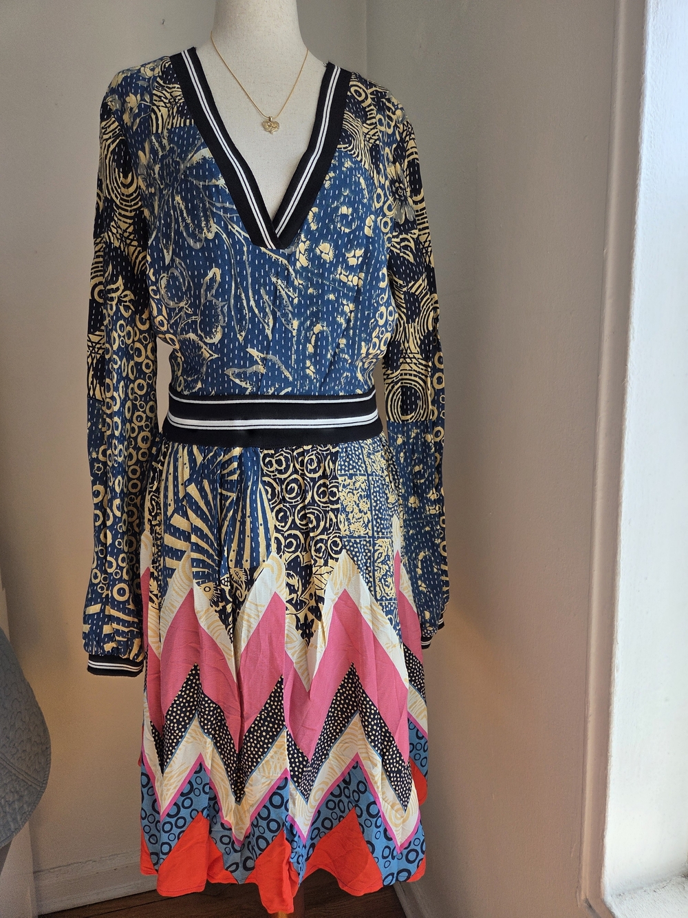 V-Neck Mixed-Print A-Line Dress in Navy and Pink